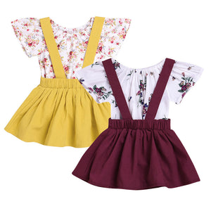 2Pcs Infant Baby Girls Floral Print Rompers Jumpsuit Strap Skirt Outfits Set
