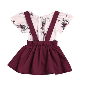 2Pcs Infant Baby Girls Floral Print Rompers Jumpsuit Strap Skirt Outfits Set